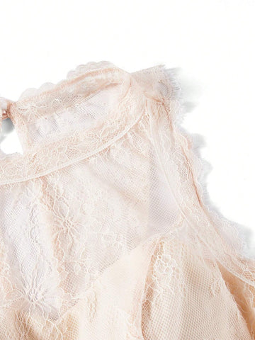 Ladies' Elegant And Romantic Light Apricot-Colored Lace Material With Soft And Skin-Friendly Chiffon Fabric, Heart Bust Shape A-Line Backless With Butterfly-Shaped Waterdrop Design Bridesmaid Dress