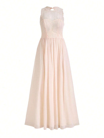 Ladies' Elegant And Romantic Light Apricot-Colored Lace Material With Soft And Skin-Friendly Chiffon Fabric, Heart Bust Shape A-Line Backless With Butterfly-Shaped Waterdrop Design Bridesmaid Dress