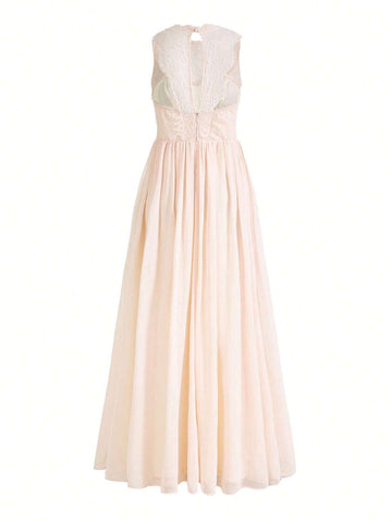 Ladies' Elegant And Romantic Light Apricot-Colored Lace Material With Soft And Skin-Friendly Chiffon Fabric, Heart Bust Shape A-Line Backless With Butterfly-Shaped Waterdrop Design Bridesmaid Dress