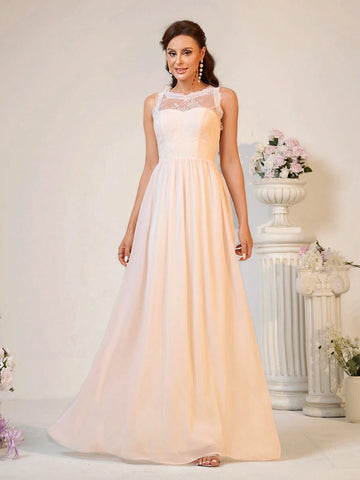 Ladies' Elegant And Romantic Light Apricot-Colored Lace Material With Soft And Skin-Friendly Chiffon Fabric, Heart Bust Shape A-Line Backless With Butterfly-Shaped Waterdrop Design Bridesmaid Dress