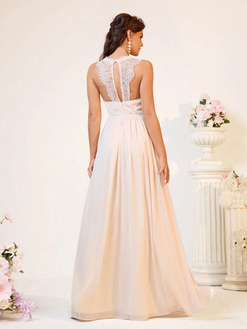 Ladies' Elegant And Romantic Light Apricot-Colored Lace Material With Soft And Skin-Friendly Chiffon Fabric, Heart Bust Shape A-Line Backless With Butterfly-Shaped Waterdrop Design Bridesmaid Dress