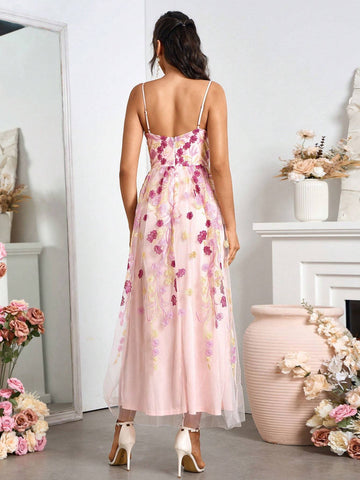 Ladies' Elegant Bridesmaid Dress With Mesh Embroidered Camisole And Long Skirt