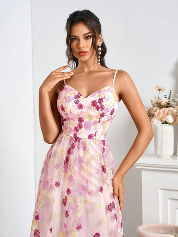 Ladies' Elegant Bridesmaid Dress With Mesh Embroidered Camisole And Long Skirt