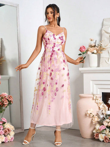 Ladies' Elegant Bridesmaid Dress With Mesh Embroidered Camisole And Long Skirt