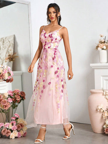 Ladies' Elegant Bridesmaid Dress With Mesh Embroidered Camisole And Long Skirt