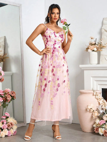 Ladies' Elegant Bridesmaid Dress With Mesh Embroidered Camisole And Long Skirt