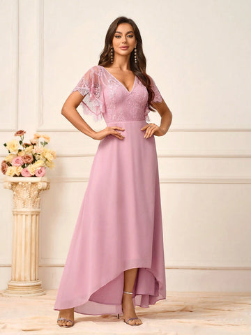 Ladies Elegant Lotus Pink Lace Fabric Splicing Chiffon Fabric V-Neck Plus Suitable For Wedding Events Music Festivals Formal Bridesmaid Dresses