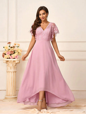 Ladies Elegant Lotus Pink Lace Fabric Splicing Chiffon Fabric V-Neck Plus Suitable For Wedding Events Music Festivals Formal Bridesmaid Dresses