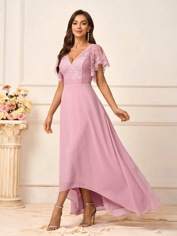 Ladies Elegant Lotus Pink Lace Fabric Splicing Chiffon Fabric V-Neck Plus Suitable For Wedding Events Music Festivals Formal Bridesmaid Dresses