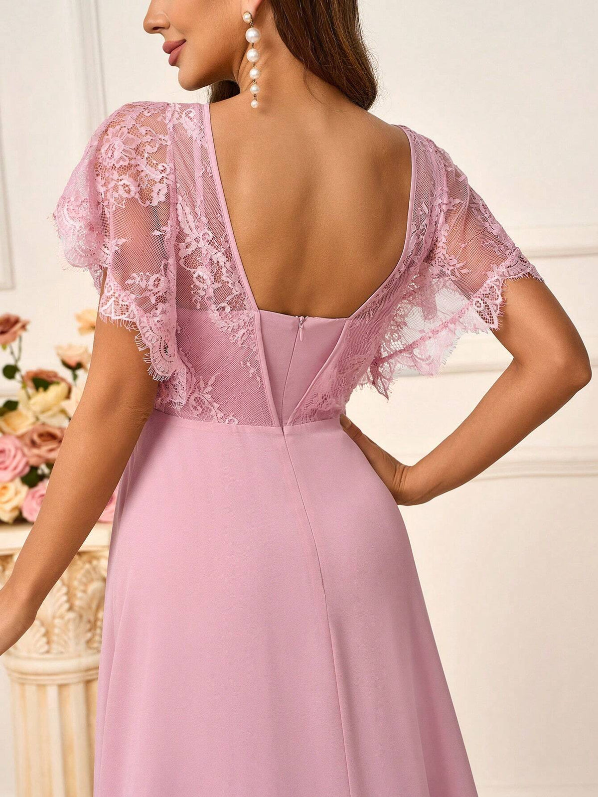 Ladies Elegant Lotus Pink Lace Fabric Splicing Chiffon Fabric V-Neck Plus Suitable For Wedding Events Music Festivals Formal Bridesmaid Dresses