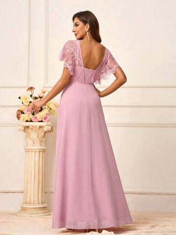 Ladies Elegant Lotus Pink Lace Fabric Splicing Chiffon Fabric V-Neck Plus Suitable For Wedding Events Music Festivals Formal Bridesmaid Dresses