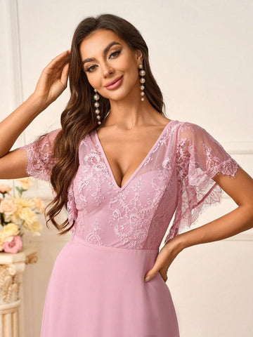 Ladies Elegant Lotus Pink Lace Fabric Splicing Chiffon Fabric V-Neck Plus Suitable For Wedding Events Music Festivals Formal Bridesmaid Dresses