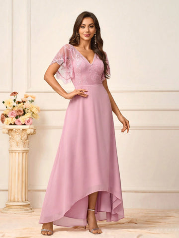 Ladies Elegant Lotus Pink Lace Fabric Splicing Chiffon Fabric V-Neck Plus Suitable For Wedding Events Music Festivals Formal Bridesmaid Dresses