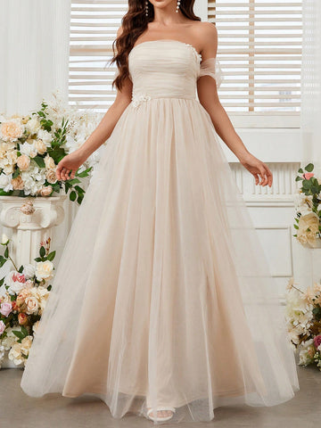 Ladies Elegant Romantic Bridesmaid Dress Line Shoulder Body Pleated Design Decal Details Flowing Ap