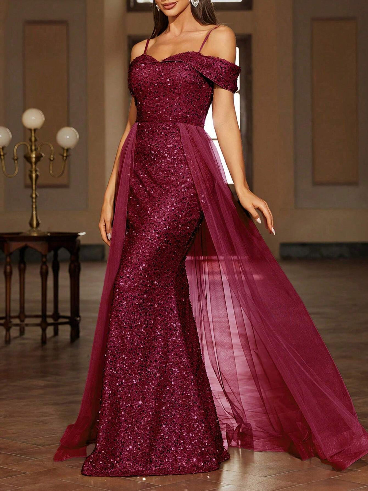 Ladies' Elegant Sequin Decorated Mesh Cami Dress