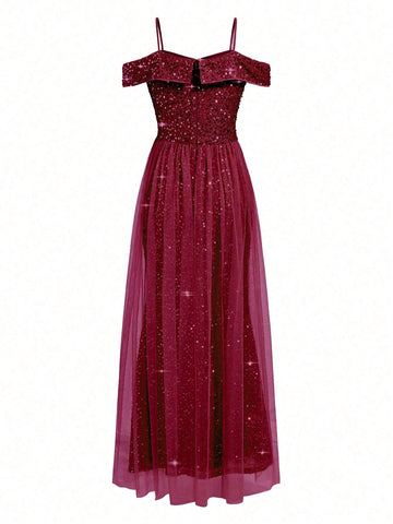 Ladies' Elegant Sequin Decorated Mesh Cami Dress