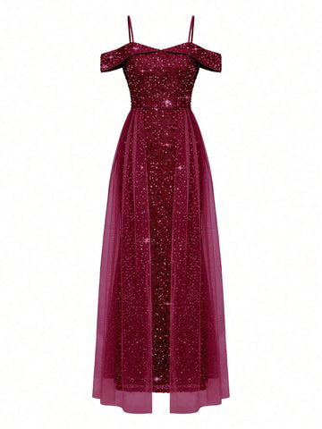 Ladies' Elegant Sequin Decorated Mesh Cami Dress