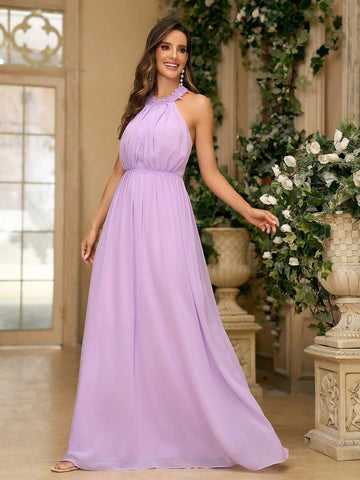 Ladies' Elegant Violet Chiffon Fabric WithLace Appliqué Decorated Collar Shoulder Strap Ruched A-Line And Mushroom Button Back With Adjustable Strap Suitable For Wedding Season Mother's Day Women's Formal Bridesmaid Dress