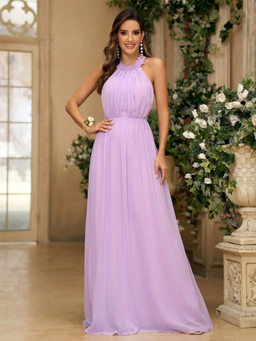 Ladies' Elegant Violet Chiffon Fabric WithLace Appliqué Decorated Collar Shoulder Strap Ruched A-Line And Mushroom Button Back With Adjustable Strap Suitable For Wedding Season Mother's Day Women's Formal Bridesmaid Dress