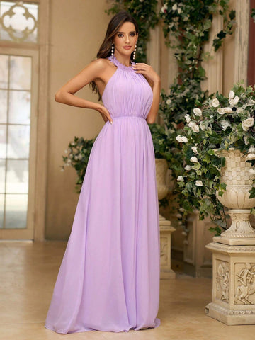 Ladies' Elegant Violet Chiffon Fabric WithLace Appliqué Decorated Collar Shoulder Strap Ruched A-Line And Mushroom Button Back With Adjustable Strap Suitable For Wedding Season Mother's Day Women's Formal Bridesmaid Dress