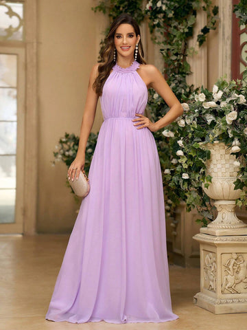 Ladies' Elegant Violet Chiffon Fabric WithLace Appliqué Decorated Collar Shoulder Strap Ruched A-Line And Mushroom Button Back With Adjustable Strap Suitable For Wedding Season Mother's Day Women's Formal Bridesmaid Dress