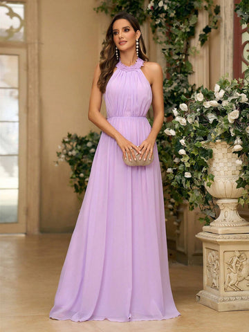 Ladies' Elegant Violet Chiffon Fabric WithLace Appliqué Decorated Collar Shoulder Strap Ruched A-Line And Mushroom Button Back With Adjustable Strap Suitable For Wedding Season Mother's Day Women's Formal Bridesmaid Dress