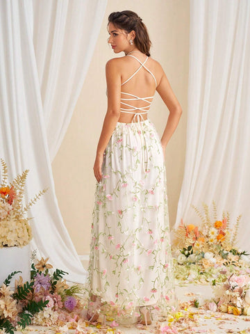 Ladies' Embroidered Charm Bridesmaid Dress With Backless Tie-Up Straps And Dress