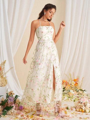 Ladies' Embroidered Charm Bridesmaid Dress With Backless Tie-Up Straps And Dress