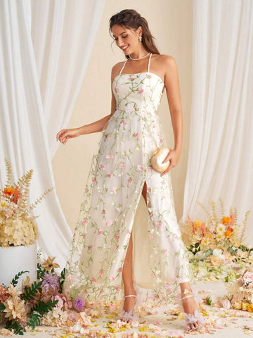 Ladies' Embroidered Charm Bridesmaid Dress With Backless Tie-Up Straps And Dress