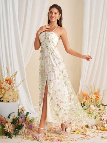 Ladies' Embroidered Charm Bridesmaid Dress With Backless Tie-Up Straps And Dress