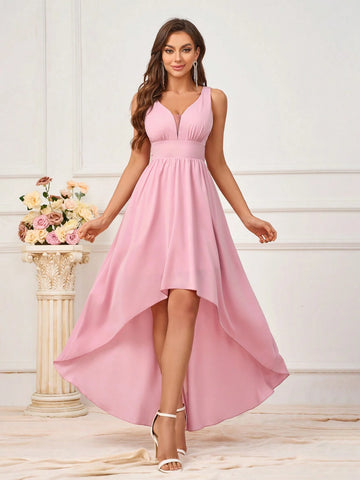 Ladies' Fashionable Solid Color Elegant Asymmetric Hem Bridesmaid Dress