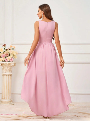 Ladies' Fashionable Solid Color Elegant Asymmetric Hem Bridesmaid Dress