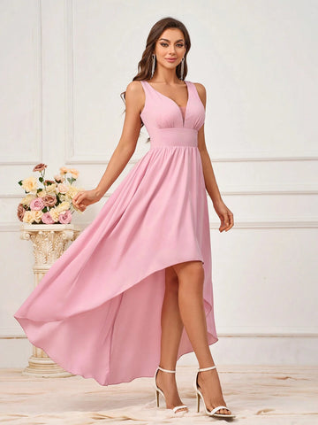 Ladies' Fashionable Solid Color Elegant Asymmetric Hem Bridesmaid Dress