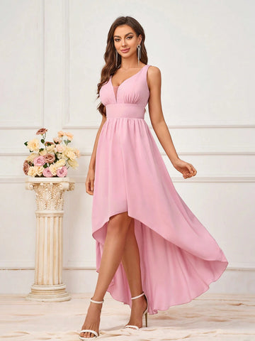 Ladies' Fashionable Solid Color Elegant Asymmetric Hem Bridesmaid Dress