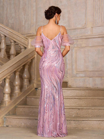 Ladies' Gorgeous, Elegant And Dignified Lotus Pink Shiny Luxurious Sequined Fabric Music Festival, Graduation Season, Ramadan Iftar Dress, Formal Code Women Prom & Evening Dresses