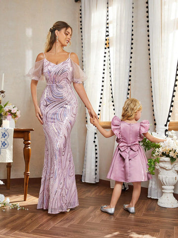 Ladies' Gorgeous, Elegant And Dignified Lotus Pink Shiny Luxurious Sequined Fabric Music Festival, Graduation Season, Ramadan Iftar Dress, Formal Code Women Prom & Evening Dresses