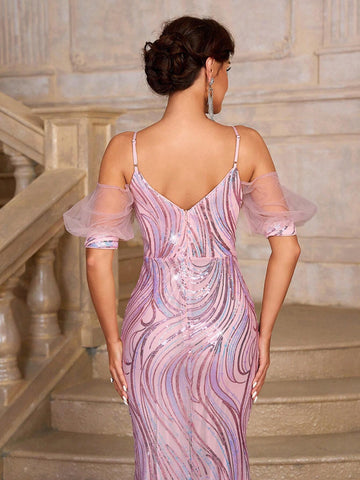 Ladies' Gorgeous, Elegant And Dignified Lotus Pink Shiny Luxurious Sequined Fabric Music Festival, Graduation Season, Ramadan Iftar Dress, Formal Code Women Prom & Evening Dresses