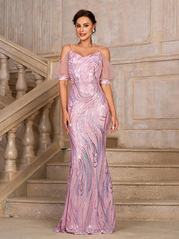 Ladies' Gorgeous, Elegant And Dignified Lotus Pink Shiny Luxurious Sequined Fabric Music Festival, Graduation Season, Ramadan Iftar Dress, Formal Code Women Prom & Evening Dresses