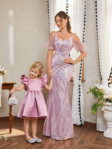 Ladies' Gorgeous, Elegant And Dignified Lotus Pink Shiny Luxurious Sequined Fabric Music Festival, Graduation Season, Ramadan Iftar Dress, Formal Code Women Prom & Evening Dresses