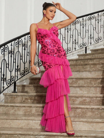 Ladies' Gorgeous Sequined Rose Fabric Luxury Sequin Decorated Mesh Cami With High Slit Multi-Layer Mesh Ruffles Irregular Hem And Cake Skirt For Evening Party Back To School Halloween Music Festival Dating Bachelor Party Heavy Duty Evening Dress