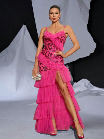 Ladies' Gorgeous Sequined Rose Fabric Luxury Sequin Decorated Mesh Cami With High Slit Multi-Layer Mesh Ruffles Irregular Hem And Cake Skirt For Evening Party Back To School Halloween Music Festival Dating Bachelor Party Heavy Duty Evening Dress