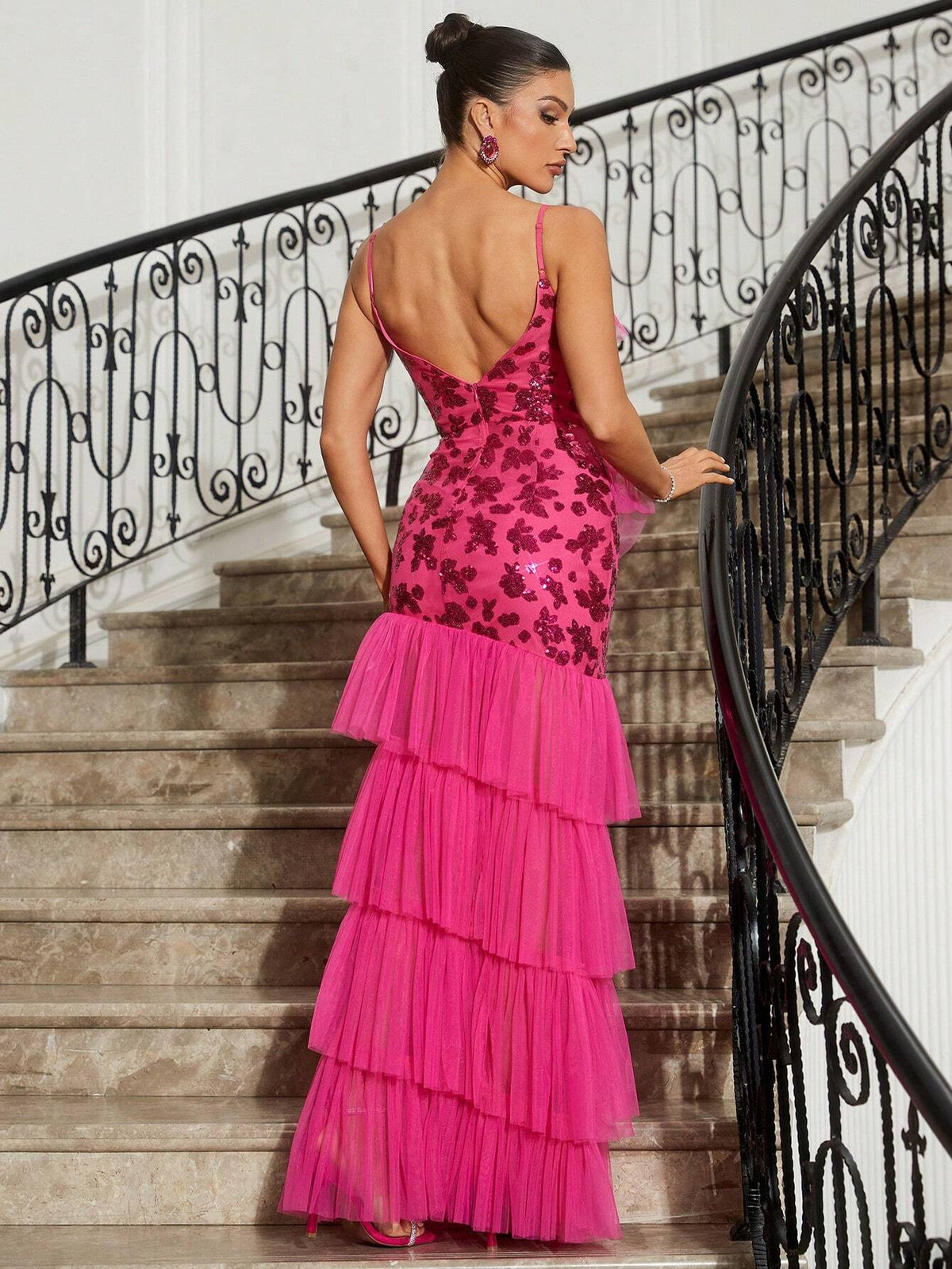 Ladies' Gorgeous Sequined Rose Fabric Luxury Sequin Decorated Mesh Cami With High Slit Multi-Layer Mesh Ruffles Irregular Hem And Cake Skirt For Evening Party Back To School Halloween Music Festival Dating Bachelor Party Heavy Duty Evening Dress