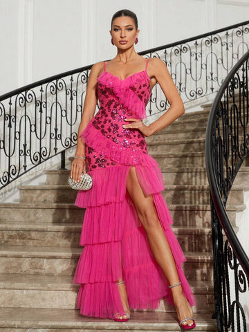 Ladies' Gorgeous Sequined Rose Fabric Luxury Sequin Decorated Mesh Cami With High Slit Multi-Layer Mesh Ruffles Irregular Hem And Cake Skirt For Evening Party Back To School Halloween Music Festival Dating Bachelor Party Heavy Duty Evening Dress