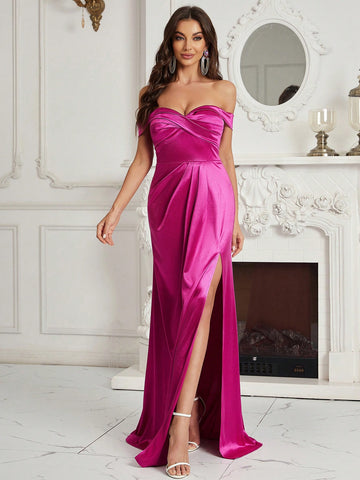 Ladies' Off Shoulder Bridesmaid Gown Made Of Satin Fabric