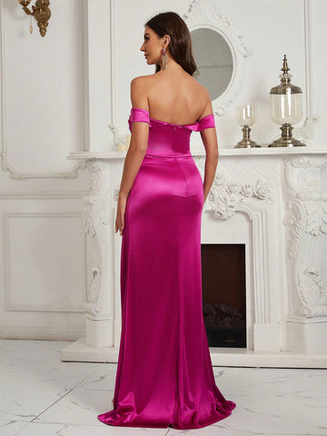 Ladies' Off Shoulder Bridesmaid Gown Made Of Satin Fabric