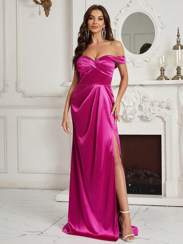 Ladies' Off Shoulder Bridesmaid Gown Made Of Satin Fabric