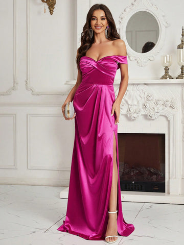 Ladies' Off Shoulder Bridesmaid Gown Made Of Satin Fabric