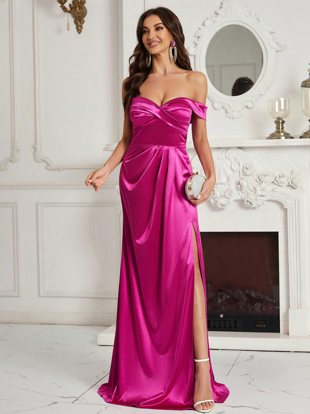 Ladies' Off Shoulder Bridesmaid Gown Made Of Satin Fabric