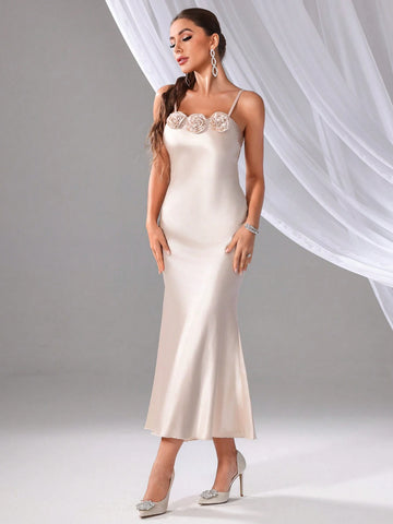 Ladies' Plain Simple Style 3D Flower Decorated Bridesmaid Dress (Adult) For Daily Wear