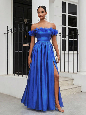 Ladies Romance Romantic Blue Organza Fabric One-Shoulder Three-Dimensional Flower  Suitable For Wedding Season Graduation Season Mother's Day Music Festival Valentine's Day Ramadan Dinner And Dance Blue Prom Dress